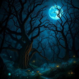 A captivating scene under a brilliant blue moon that casts an enchanting glow over a dark, mystical forest