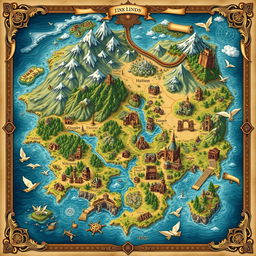 A beautifully illustrated fantasy map featuring diverse landscapes and magical elements