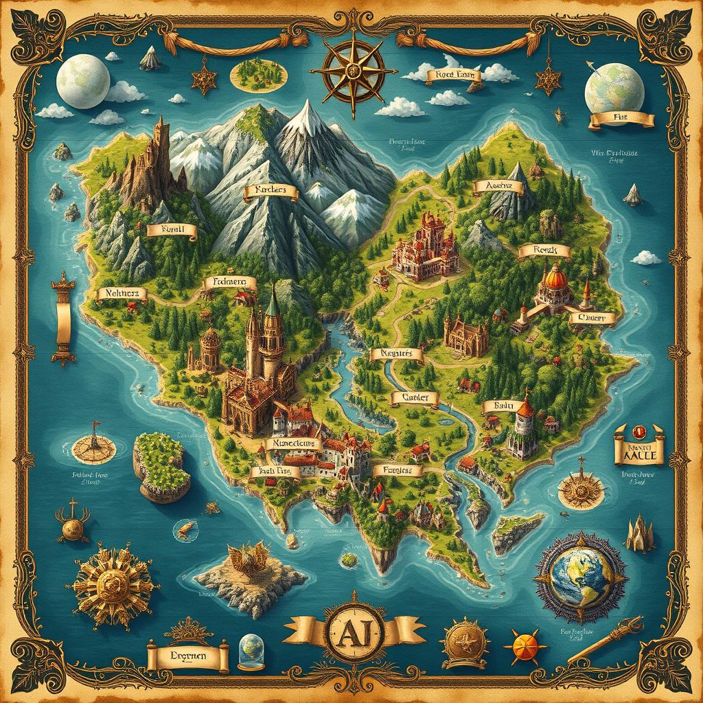 A beautifully illustrated fantasy map featuring diverse landscapes and magical elements