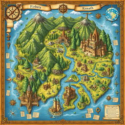 A beautifully illustrated fantasy map featuring diverse landscapes and magical elements