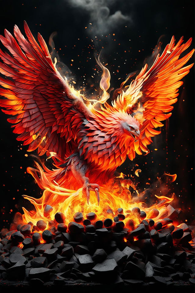 This is a 32k resolution CGI photograph featuring a vibrant phoenix rising from a pile of ashes