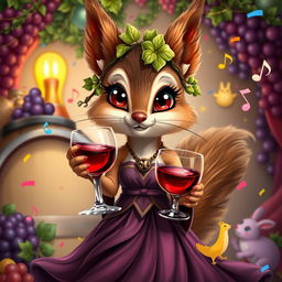A whimsical depiction of a French-inspired D&D squirrel person, embodying the Goddess of Wine, Pleasure, and Festivity