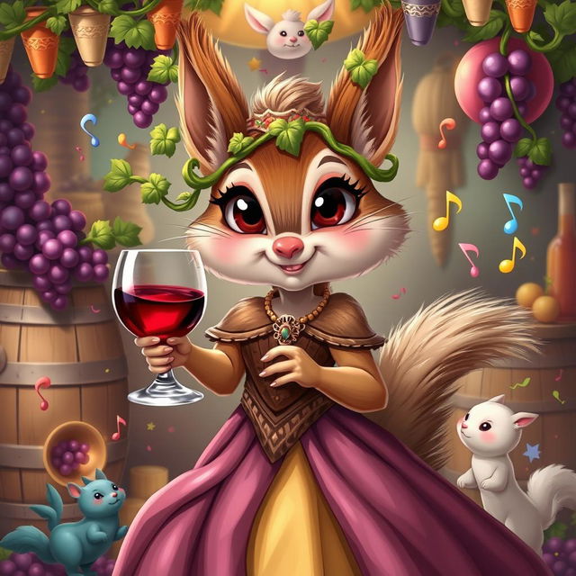 A whimsical depiction of a French-inspired D&D squirrel person, embodying the Goddess of Wine, Pleasure, and Festivity