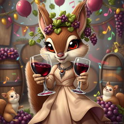 A whimsical depiction of a French-inspired D&D squirrel person, embodying the Goddess of Wine, Pleasure, and Festivity