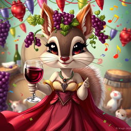 A whimsical depiction of a French-inspired D&D squirrel person, embodying the Goddess of Wine, Pleasure, and Festivity