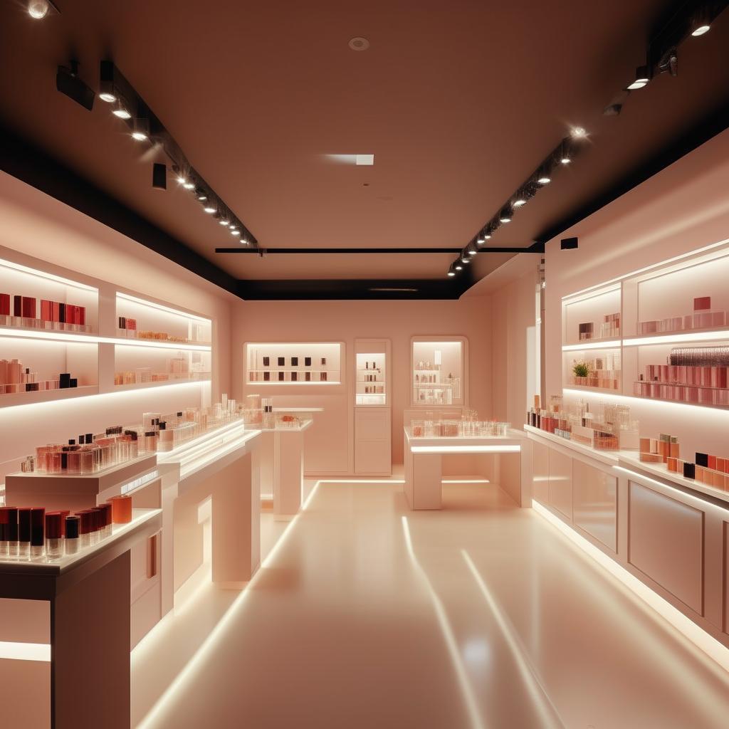 Generate an image of a 3 meter by 3 meter cosmetics shop having an efficient, contemporary light system. Focus on lighting fixtures complementing the small space, enhancing the product displays