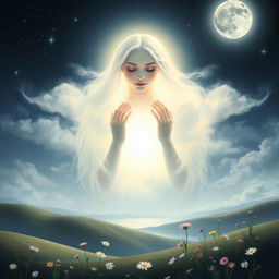 A serene and mystical depiction of 'Mother Moon', personified as a gentle, nurturing figure shrouded in luminous moonlight