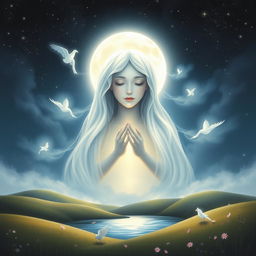 A serene and mystical depiction of 'Mother Moon', personified as a gentle, nurturing figure shrouded in luminous moonlight