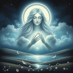 A serene and mystical depiction of 'Mother Moon', personified as a gentle, nurturing figure shrouded in luminous moonlight