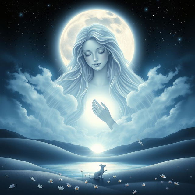 A serene and mystical depiction of 'Mother Moon', personified as a gentle, nurturing figure shrouded in luminous moonlight