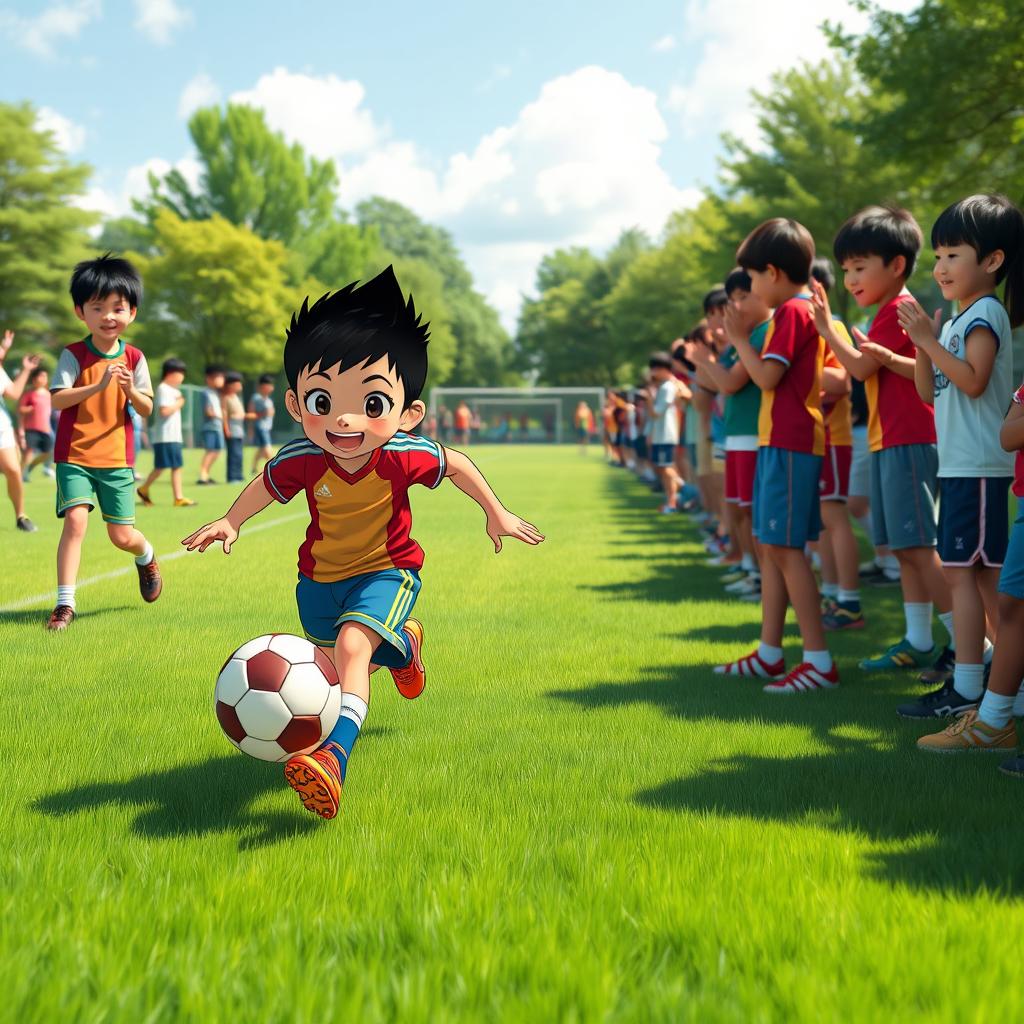 A vibrant and dynamic scene capturing a young boy, resembling Nobita from the popular anime, engaged in an exciting soccer game on a sunny day