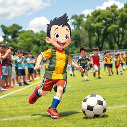 A vibrant and dynamic scene capturing a young boy, resembling Nobita from the popular anime, engaged in an exciting soccer game on a sunny day