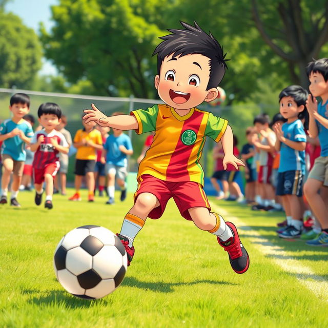 A vibrant and dynamic scene capturing a young boy, resembling Nobita from the popular anime, engaged in an exciting soccer game on a sunny day