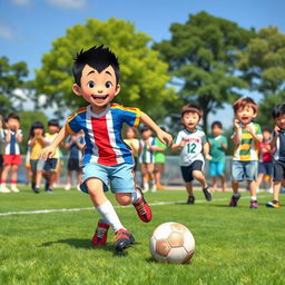 A vibrant and dynamic scene capturing a young boy, resembling Nobita from the popular anime, engaged in an exciting soccer game on a sunny day