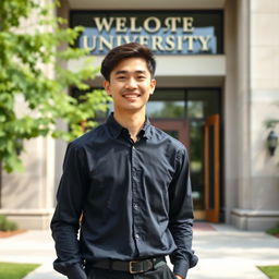 A young man standing in front of a university entrance, showcasing only the upper half of his body