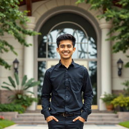 A young man standing in front of a university entrance, showcasing only the upper half of his body