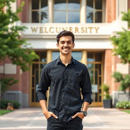 A young man standing in front of a university entrance, showcasing only the upper half of his body