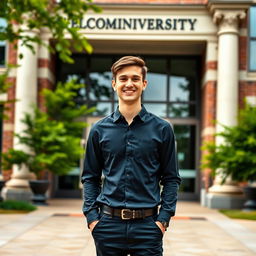 A young man standing in front of a university entrance, showcasing only the upper half of his body