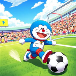 A vibrant and dynamic scene depicting Doraemon, the iconic blue robotic cat from the future, energetically playing in a soccer game