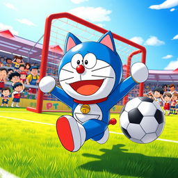 A vibrant and dynamic scene depicting Doraemon, the iconic blue robotic cat from the future, energetically playing in a soccer game