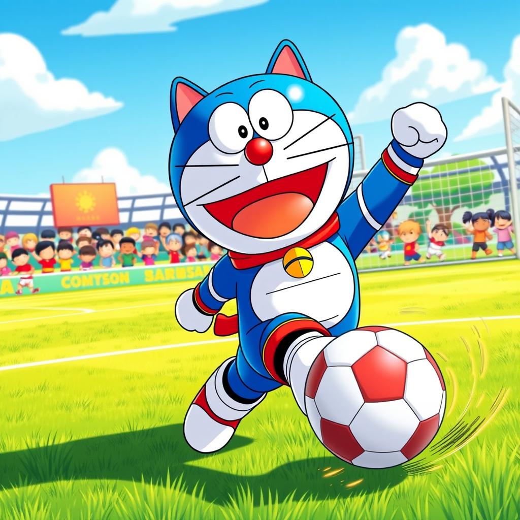 A vibrant and dynamic scene depicting Doraemon, the iconic blue robotic cat from the future, energetically playing in a soccer game