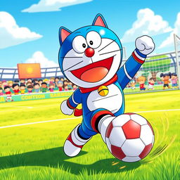 A vibrant and dynamic scene depicting Doraemon, the iconic blue robotic cat from the future, energetically playing in a soccer game