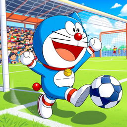A vibrant and dynamic scene depicting Doraemon, the iconic blue robotic cat from the future, energetically playing in a soccer game
