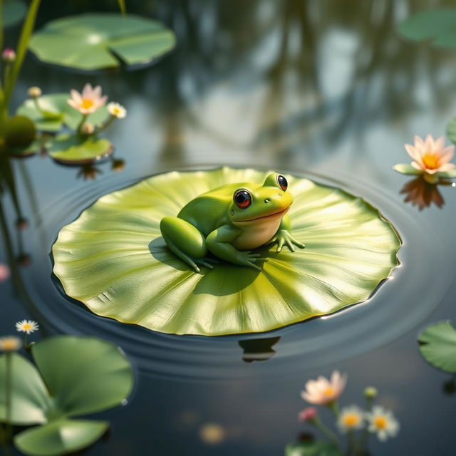 A serene scene depicting a green frog sitting peacefully on a large lily pad