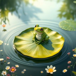 A serene scene depicting a green frog sitting peacefully on a large lily pad