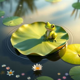 A serene scene depicting a green frog sitting peacefully on a large lily pad