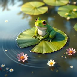 A serene scene depicting a green frog sitting peacefully on a large lily pad