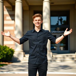 A young man standing in front of a university entrance, only the upper half of his body visible, wearing a black shirt and black pants