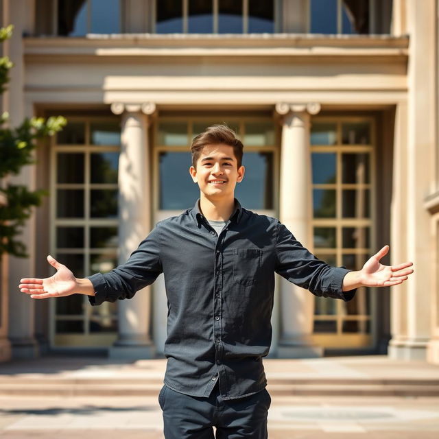 A young man standing in front of a university entrance, only the upper half of his body visible, wearing a black shirt and black pants