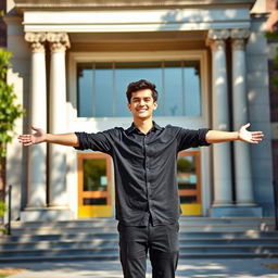 A young man standing in front of a university entrance, only the upper half of his body visible, wearing a black shirt and black pants