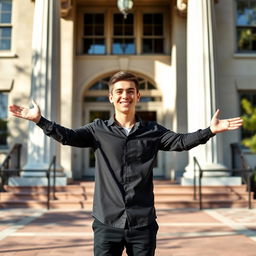 A young man standing in front of a university entrance, only the upper half of his body visible, wearing a black shirt and black pants