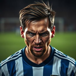 A portrait of Lionel Messi showing a powerful expression of anger, his brows furrowed and eyes narrowed, showcasing intensity