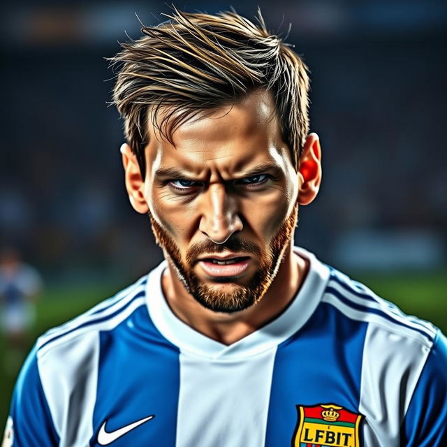 A portrait of Lionel Messi showing a powerful expression of anger, his brows furrowed and eyes narrowed, showcasing intensity