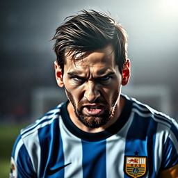 A portrait of Lionel Messi showing a powerful expression of anger, his brows furrowed and eyes narrowed, showcasing intensity