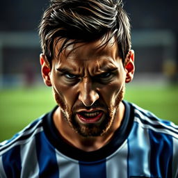 A portrait of Lionel Messi showing a powerful expression of anger, his brows furrowed and eyes narrowed, showcasing intensity