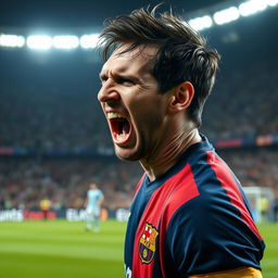 A dynamic and intense portrait of a professional soccer player resembling Messi, captured mid-action on the field, showcasing an expression of pure anger and frustration
