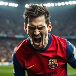 A dynamic and intense portrait of a professional soccer player resembling Messi, captured mid-action on the field, showcasing an expression of pure anger and frustration