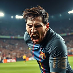 A dynamic and intense portrait of a professional soccer player resembling Messi, captured mid-action on the field, showcasing an expression of pure anger and frustration