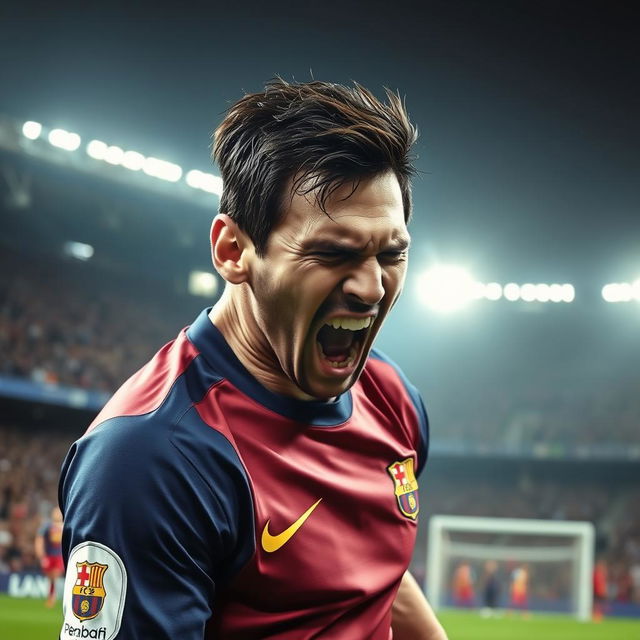 A dynamic and intense portrait of a professional soccer player resembling Messi, captured mid-action on the field, showcasing an expression of pure anger and frustration