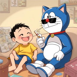 Doraemon and Nobita sitting together in a casual setting, both with relaxed expressions