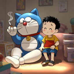 Doraemon and Nobita sitting together in a casual setting, both with relaxed expressions