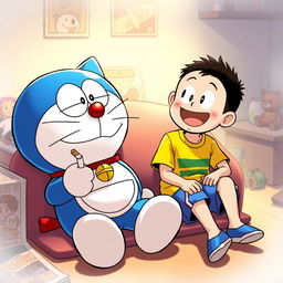 Doraemon and Nobita sitting together in a casual setting, both with relaxed expressions