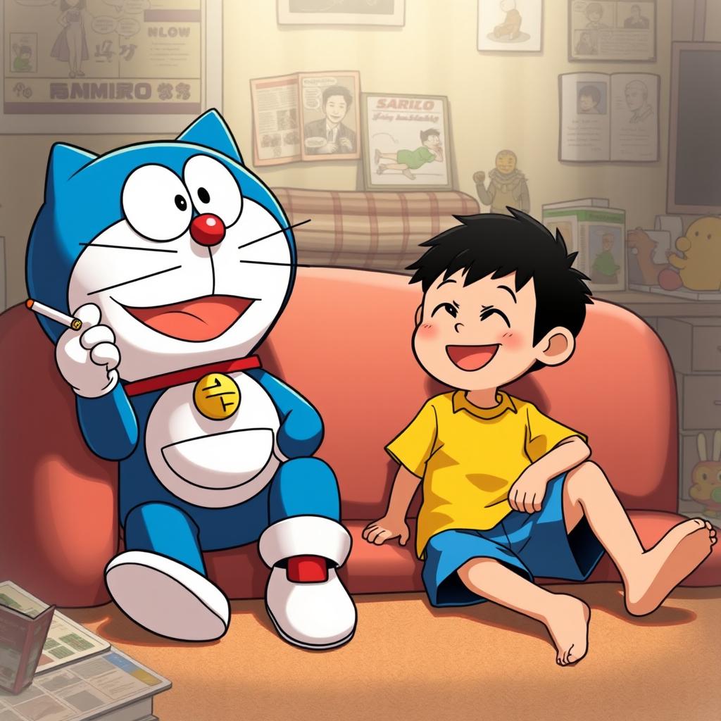 Doraemon and Nobita sitting together in a casual setting, both with relaxed expressions