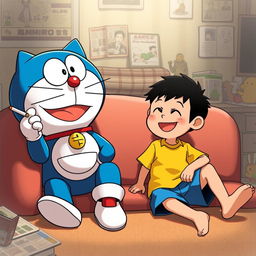 Doraemon and Nobita sitting together in a casual setting, both with relaxed expressions