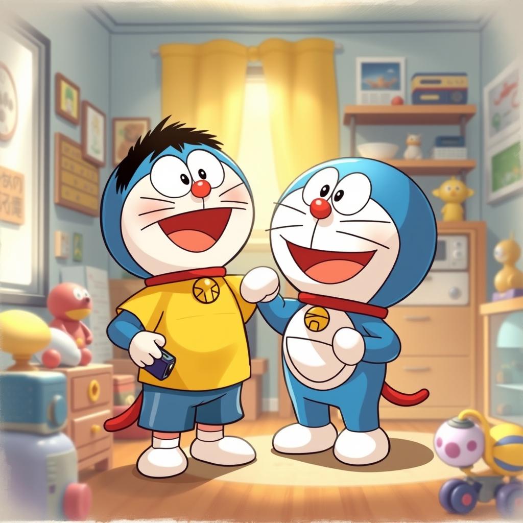 A heartwarming illustration of Doraemon, the lovable robotic cat with a blue body and a round face, standing next to Nobita Nobi, a kind-hearted, slightly clumsy boy wearing his signature yellow shirt and blue shorts