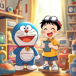 A heartwarming illustration of Doraemon, the lovable robotic cat with a blue body and a round face, standing next to Nobita Nobi, a kind-hearted, slightly clumsy boy wearing his signature yellow shirt and blue shorts
